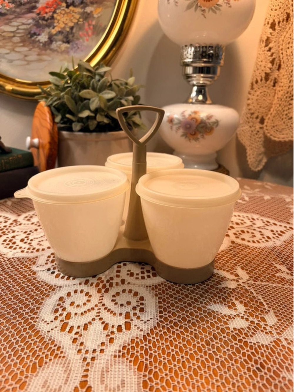 Vintage Tupperware 3 Bowl Condiment Caddy Carousel Tan Beige No Utensils
